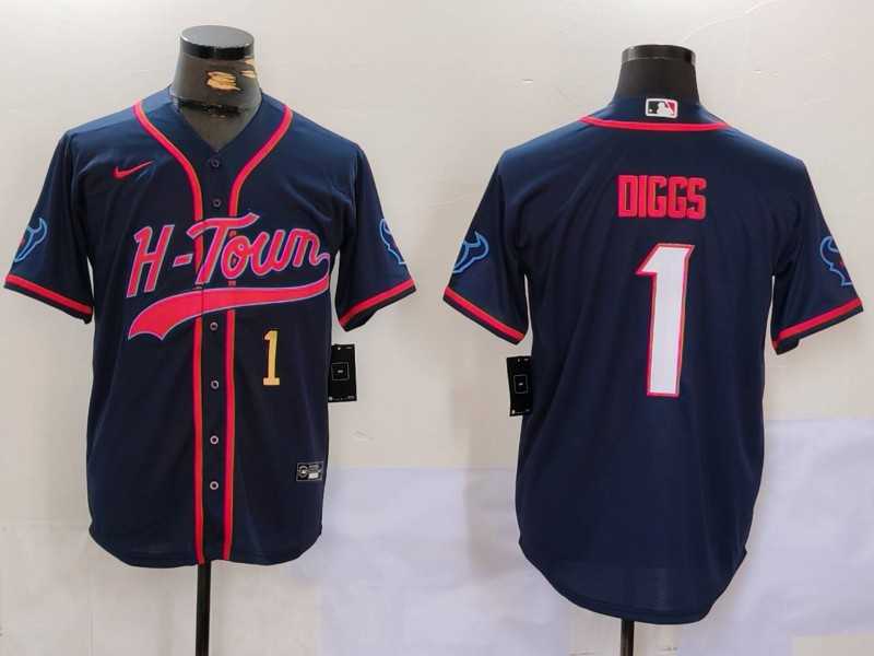 Mens Houston Texans #1 Stefon Diggs Navy With Patch Cool Base Stitched Baseball Jerseys->houston texans->NFL Jersey